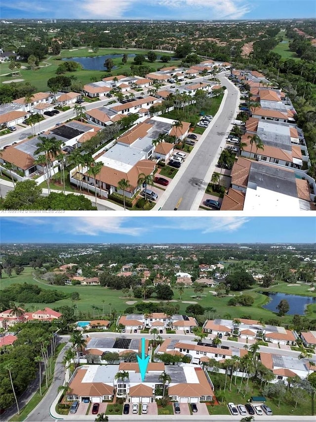 aerial view featuring a water view