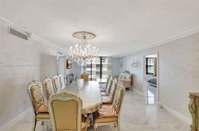 dining area with an inviting chandelier, crown molding, and a healthy amount of sunlight