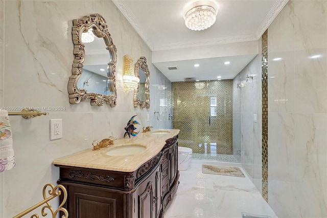 bathroom with vanity, a shower with door, crown molding, tile walls, and toilet