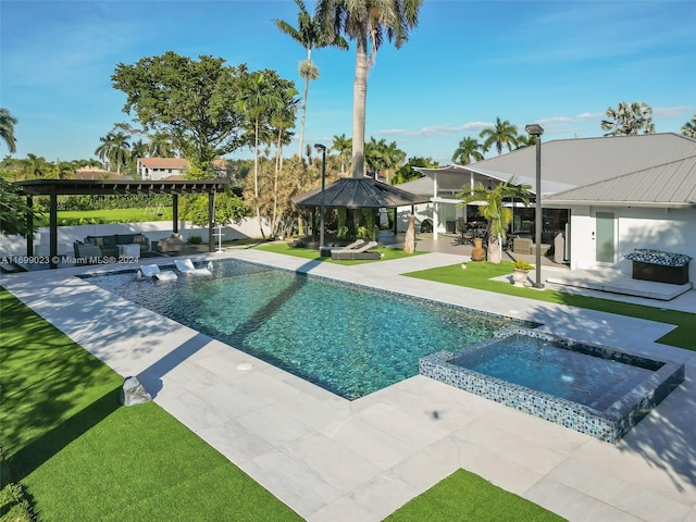 view of pool featuring a gazebo, an outdoor living space, a patio area, and an in ground hot tub