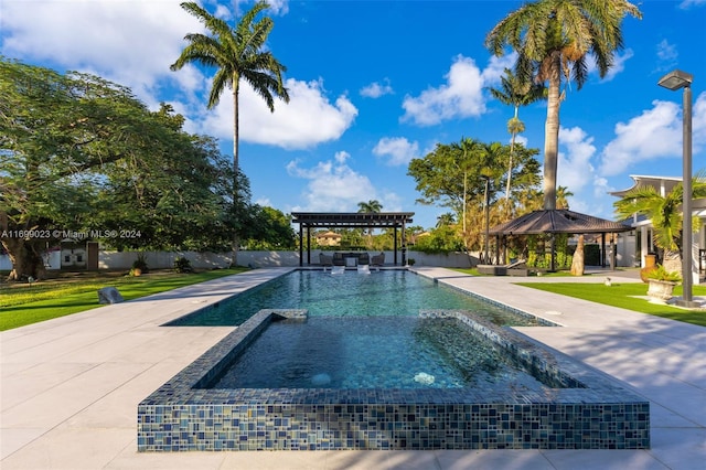 view of swimming pool with a gazebo, a pergola, and an in ground hot tub