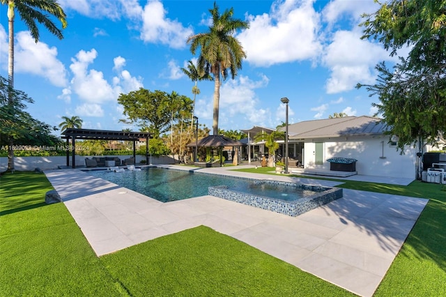 view of swimming pool with an in ground hot tub, a pergola, a gazebo, a patio area, and a lawn