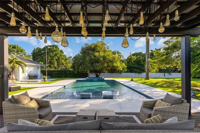 view of swimming pool featuring outdoor lounge area, a yard, and a patio area