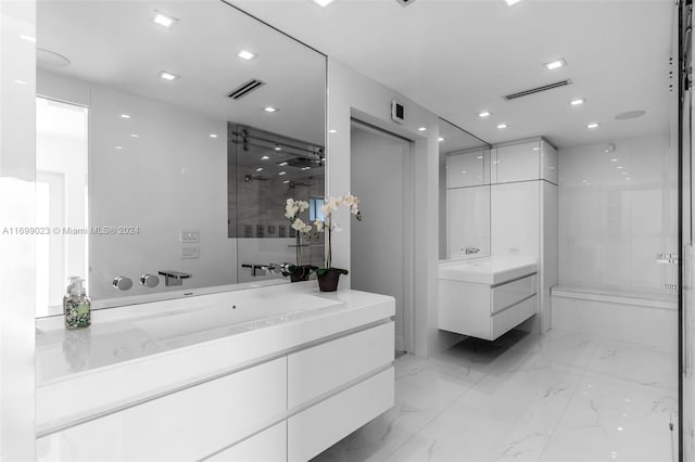 bathroom featuring vanity, an enclosed shower, and pool table