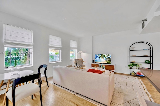 living room with light hardwood / wood-style flooring