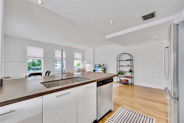802 Euclid Ave Unit 302, Miami Beach, FL 33139 - kitchen featuring white cabinets, visible vents, a sink, light wood-type flooring, and appliances with stainless steel finishes