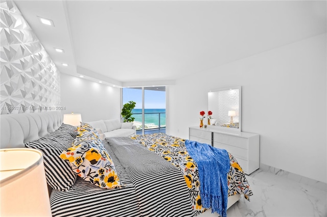 16445 Collins Ave Unit 1126, Sunny Isles Beach, FL 33160 - bedroom featuring marble finish flooring, a water view, recessed lighting, and access to exterior
