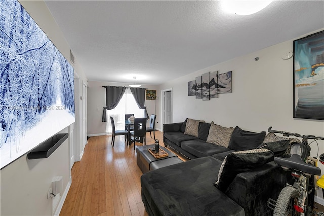 living room with a textured ceiling and hardwood / wood-style flooring