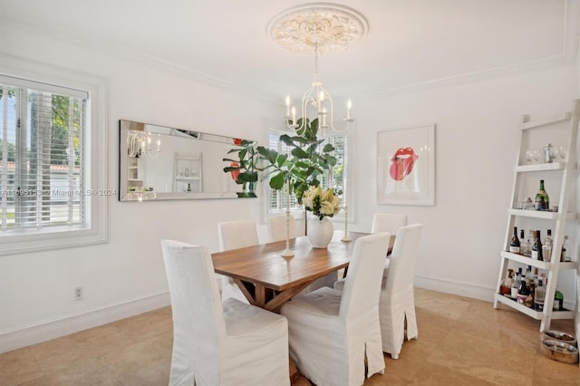 dining space featuring light tile patterned floors and a chandelier