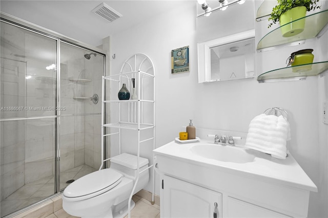 bathroom featuring a shower stall, visible vents, vanity, and toilet