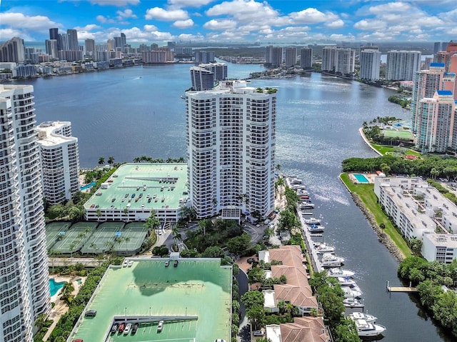 birds eye view of property featuring a water view