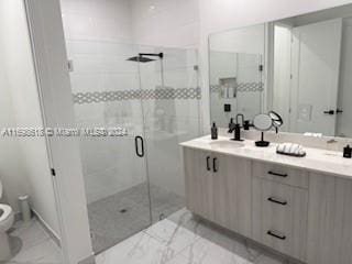 bathroom with vanity, toilet, and walk in shower