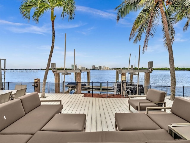 view of dock with a water view and an outdoor hangout area