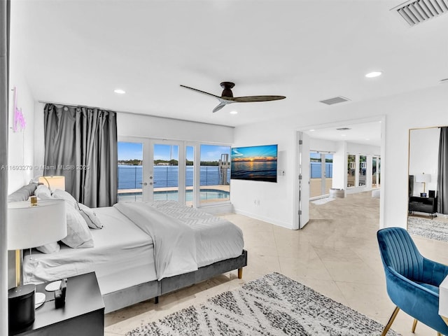 bedroom featuring ceiling fan, light tile patterned flooring, and french doors