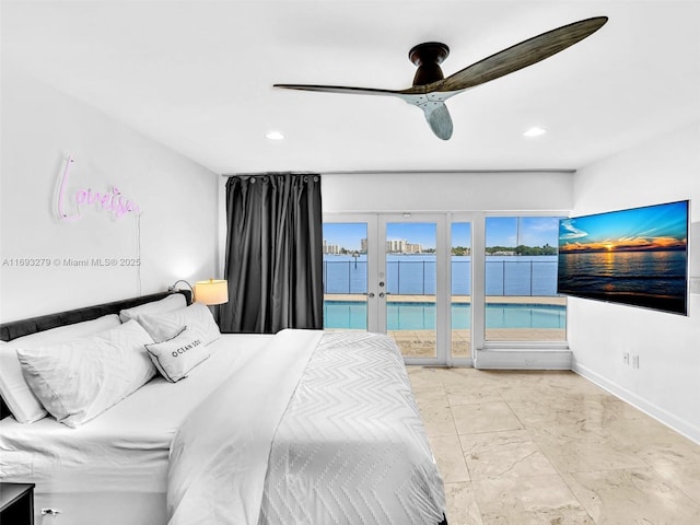 bedroom featuring french doors, access to outside, and ceiling fan