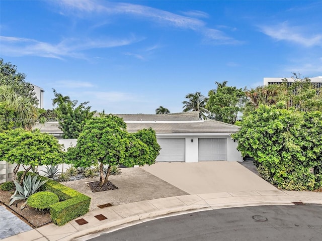 view of property hidden behind natural elements with a garage