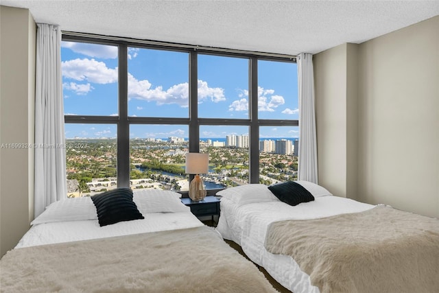 bedroom with multiple windows, expansive windows, and a textured ceiling