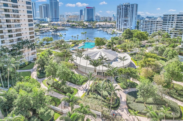 aerial view featuring a water view