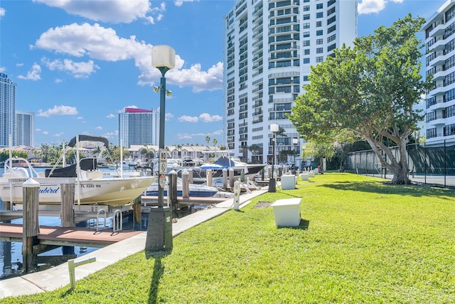 dock area featuring a lawn