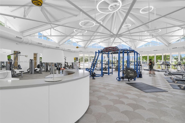 gym featuring light colored carpet and high vaulted ceiling