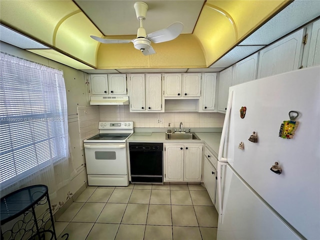 kitchen with white appliances, ceiling fan, sink, white cabinets, and light tile patterned flooring