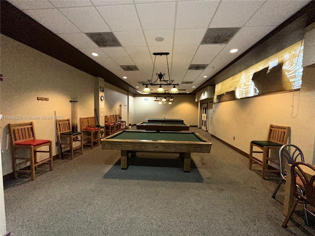 recreation room featuring carpet flooring and billiards