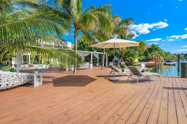 wooden terrace with a water view and a dock