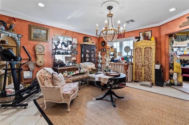 interior space with a notable chandelier, light tile patterned floors, and crown molding