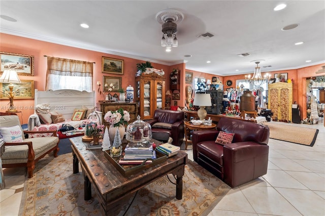 tiled living room with ceiling fan with notable chandelier and crown molding