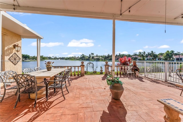 view of patio / terrace featuring a water view