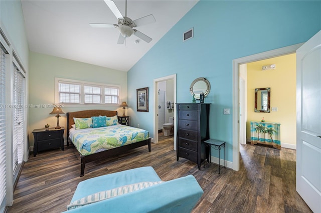 bedroom with connected bathroom, ceiling fan, high vaulted ceiling, and dark wood-type flooring