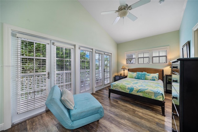 bedroom featuring high vaulted ceiling, ceiling fan, dark wood-type flooring, and access to outside