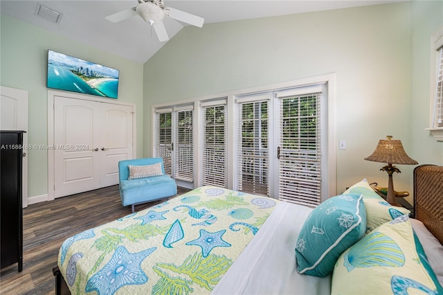 bedroom featuring ceiling fan, dark wood-type flooring, and high vaulted ceiling