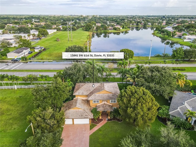 drone / aerial view featuring a water view