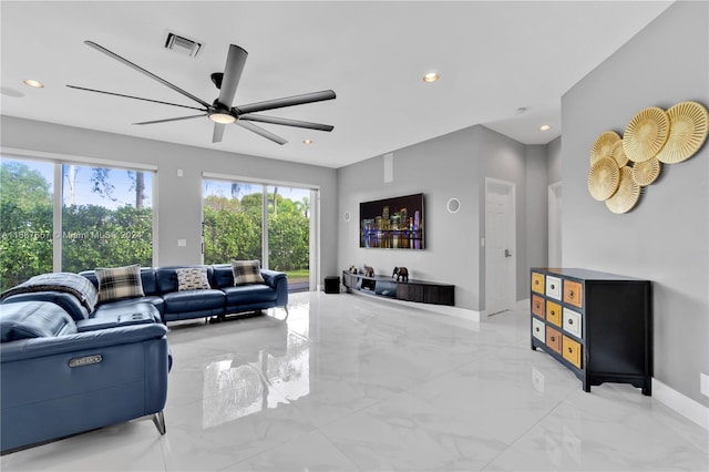 living room featuring ceiling fan