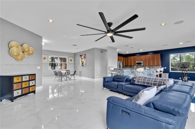 living room with ceiling fan