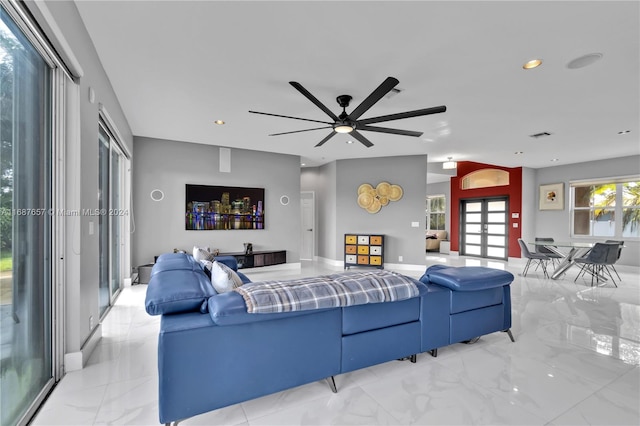 living room with ceiling fan