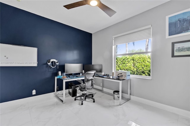 office area with ceiling fan