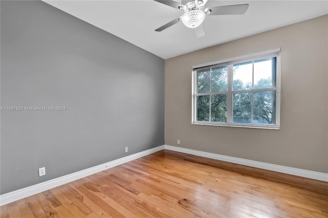 empty room with ceiling fan and light hardwood / wood-style flooring