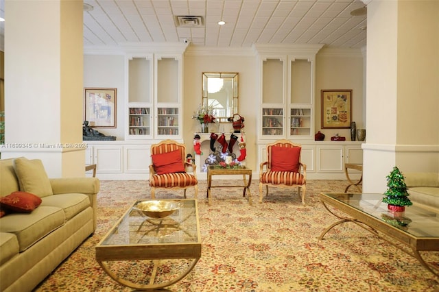 interior space with carpet and ornamental molding