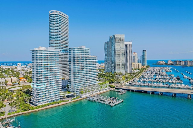 aerial view featuring a water view