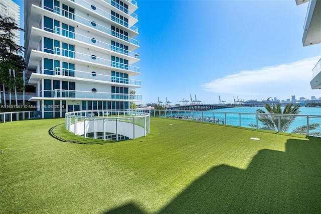 surrounding community featuring a water view and a yard