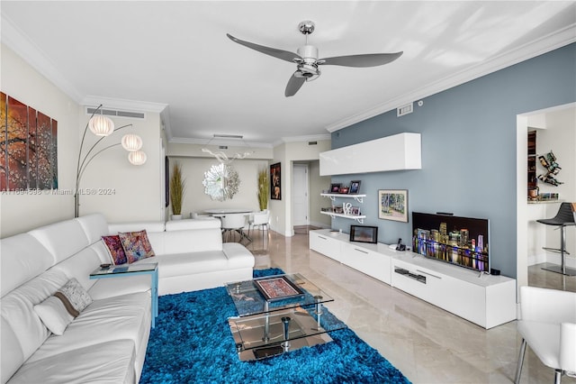 living room with ceiling fan and crown molding