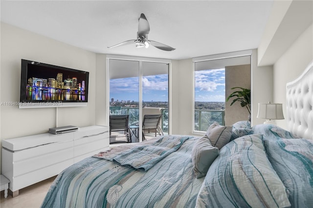 tiled bedroom with access to exterior, ceiling fan, and floor to ceiling windows