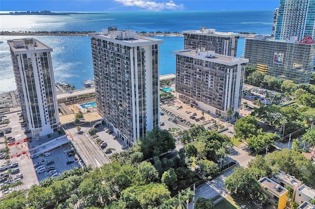 bird's eye view with a water view