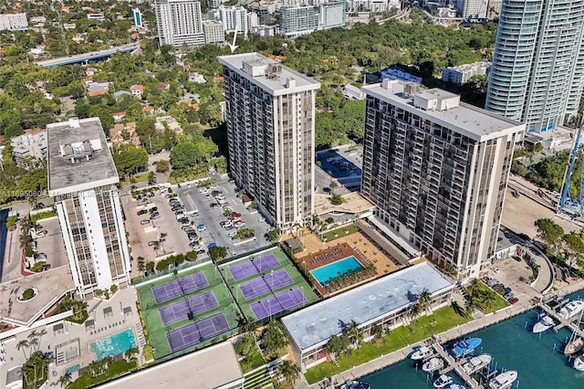 bird's eye view with a water view