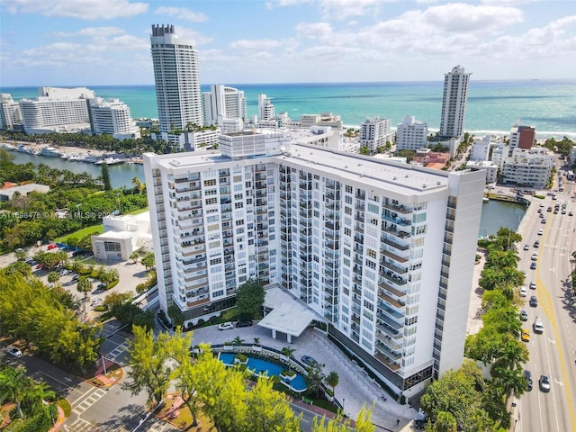 drone / aerial view with a water view