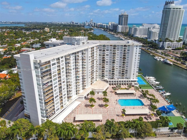 drone / aerial view with a water view