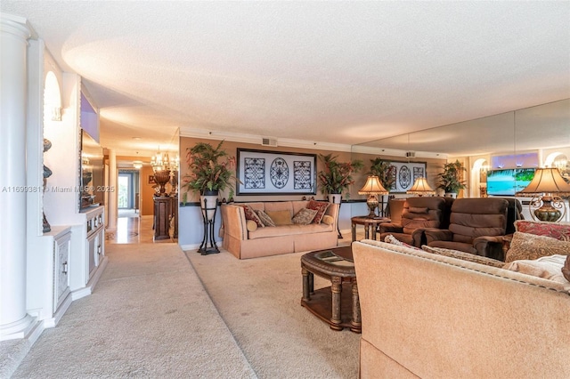 living room with light colored carpet and a textured ceiling