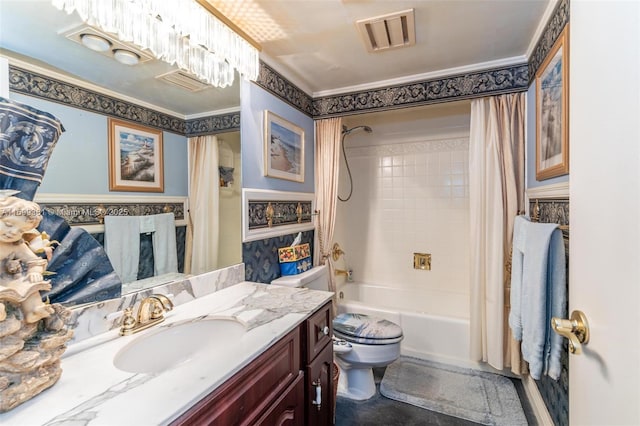 full bathroom with toilet, ornamental molding, vanity, and shower / bath combo with shower curtain